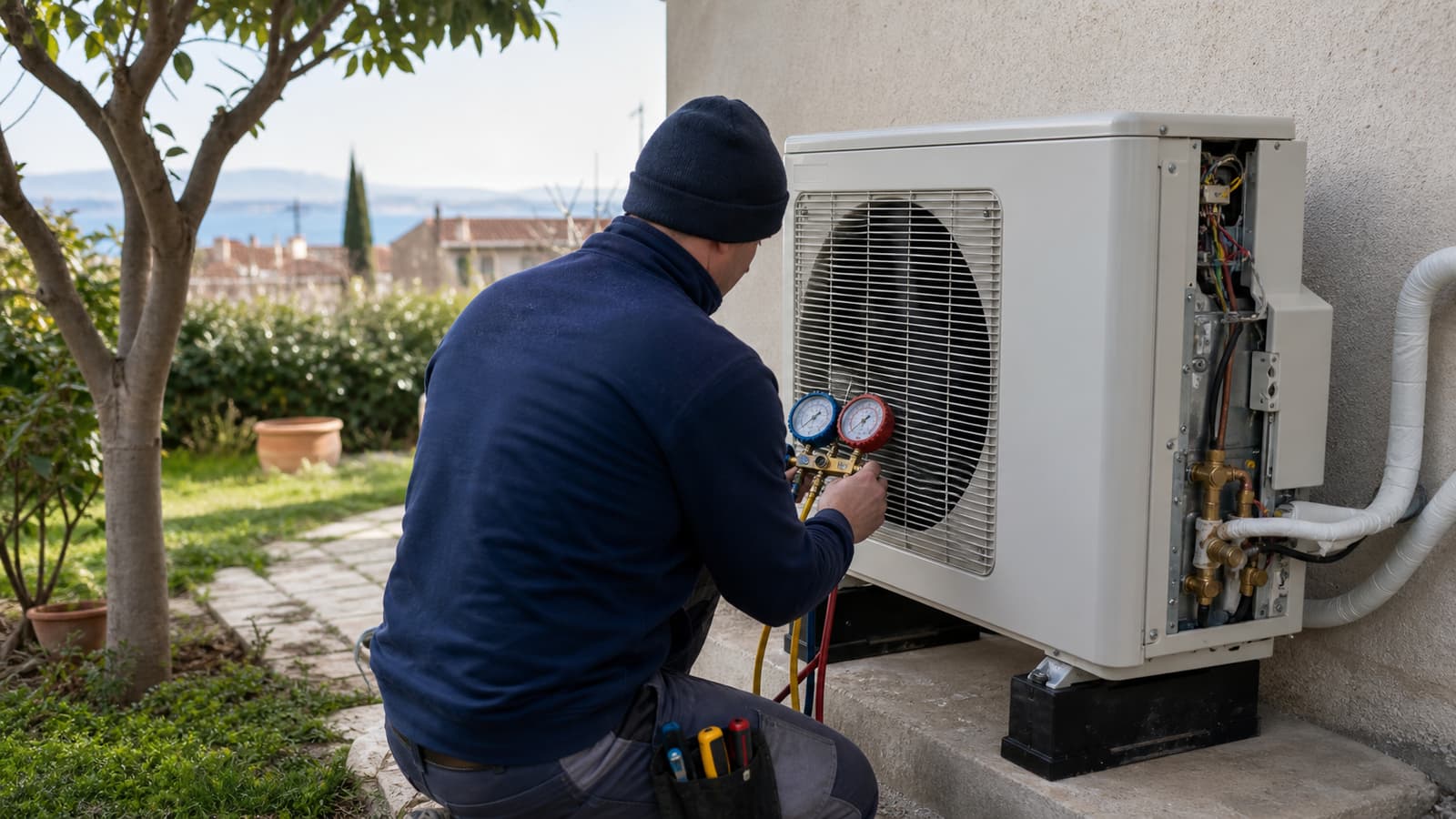 Pose d'une pompe à chaleur dans un jardin pavillonnaire de Marignane