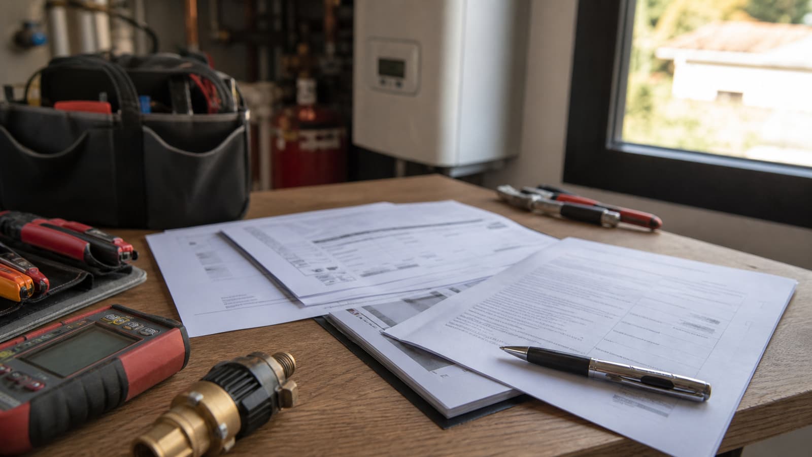 Technicien effectuant la visite annuelle d'entretien d'une chaudière gaz avec rapport signé